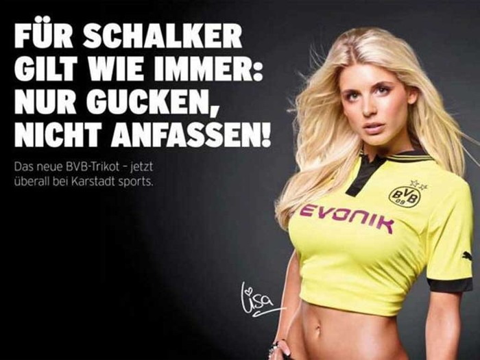 Còn trong tấm poster này là dòng chữ "khích đểu" kình địch của Dortmund, Schalke 04: "Có thể nhìn, nhưng không thể động vào" (cả theo nghĩa đen lẫn nghĩa bóng)